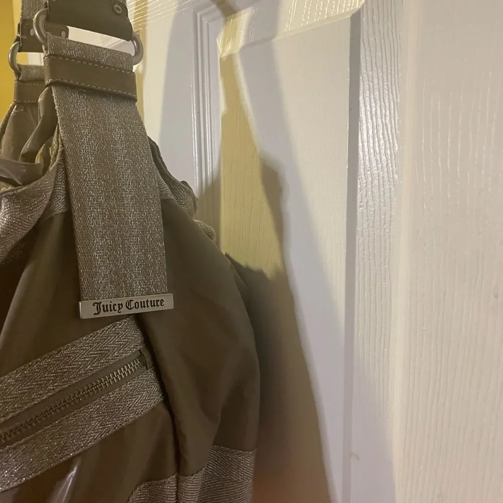 Juicy Couture Nylon taupe & cotton silver shimmery hobo bag leather strap